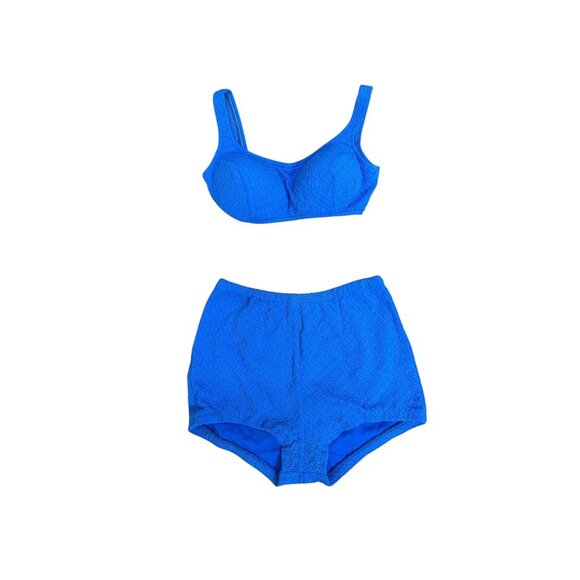 1960s two piece swimsuit by Jantzen blue textured high waist Size M - Picture 1 of 7